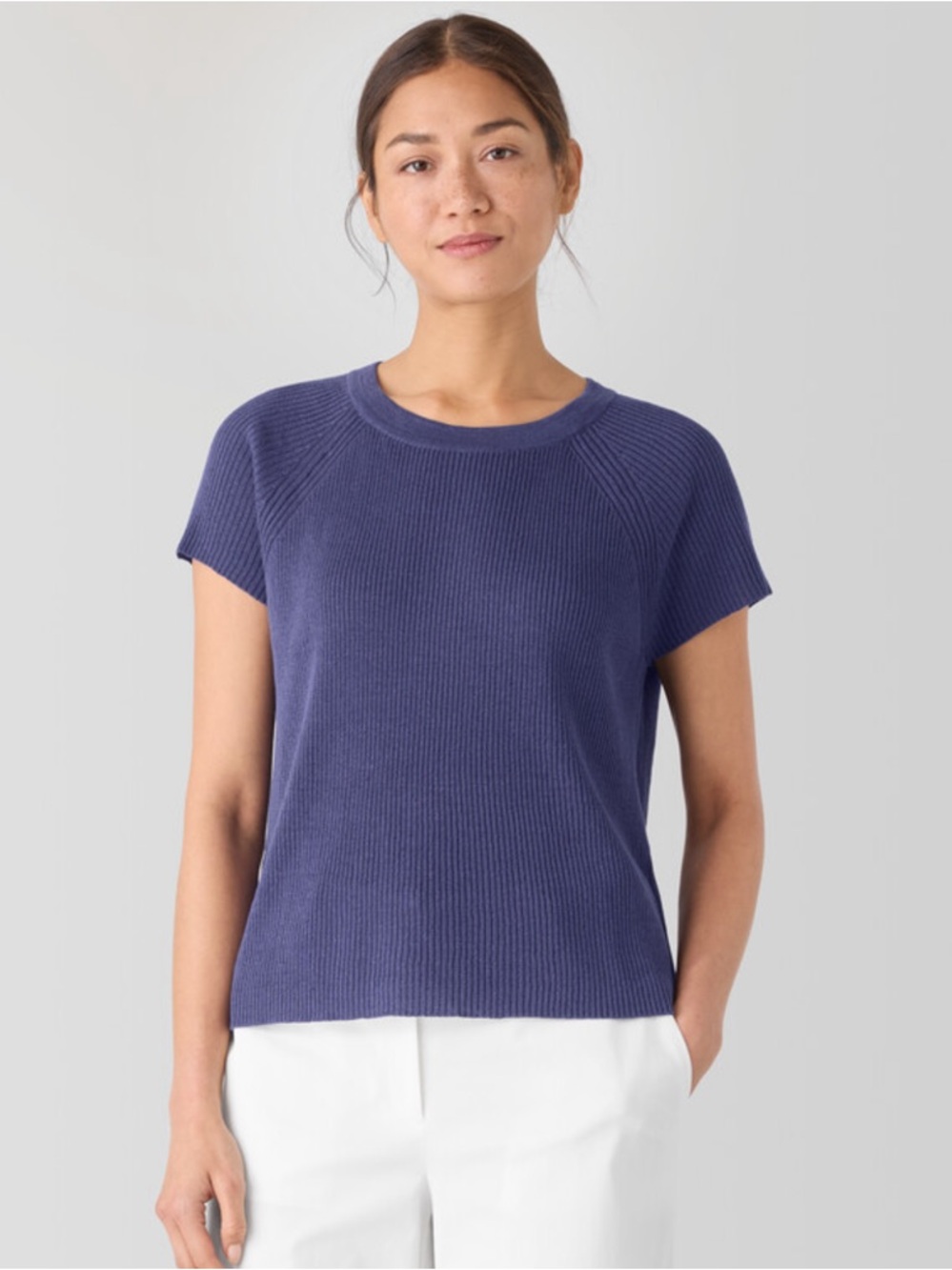Eileen Fisher Organic Linen & Cotton Jewel Neck Bluette Short Sleeve Sweater Top